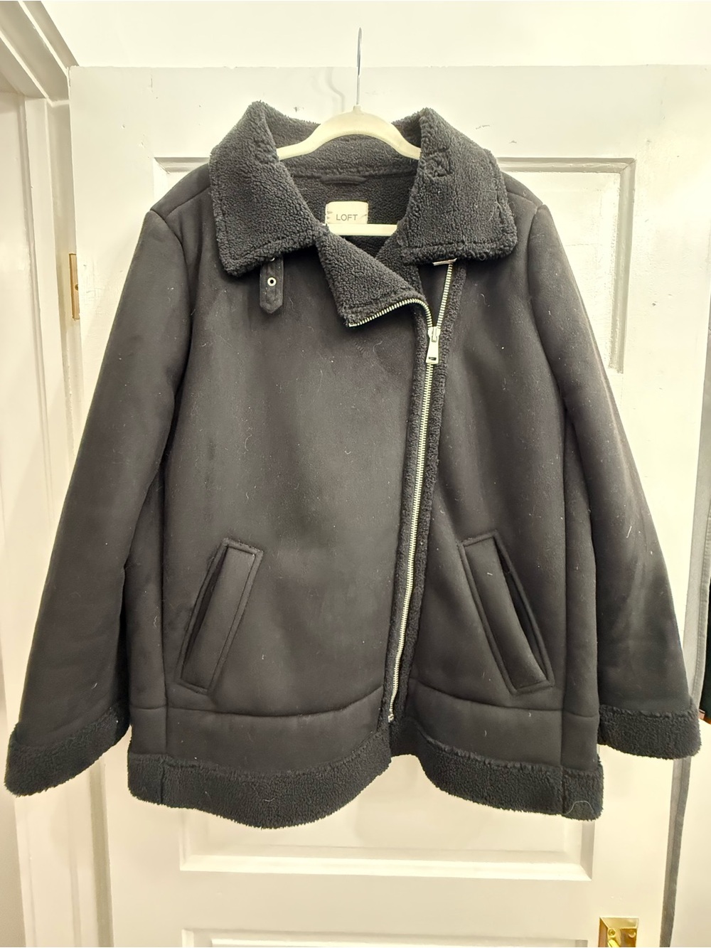 LOFT Black Sherpa-Trim Asymmetric Zip Jacket
